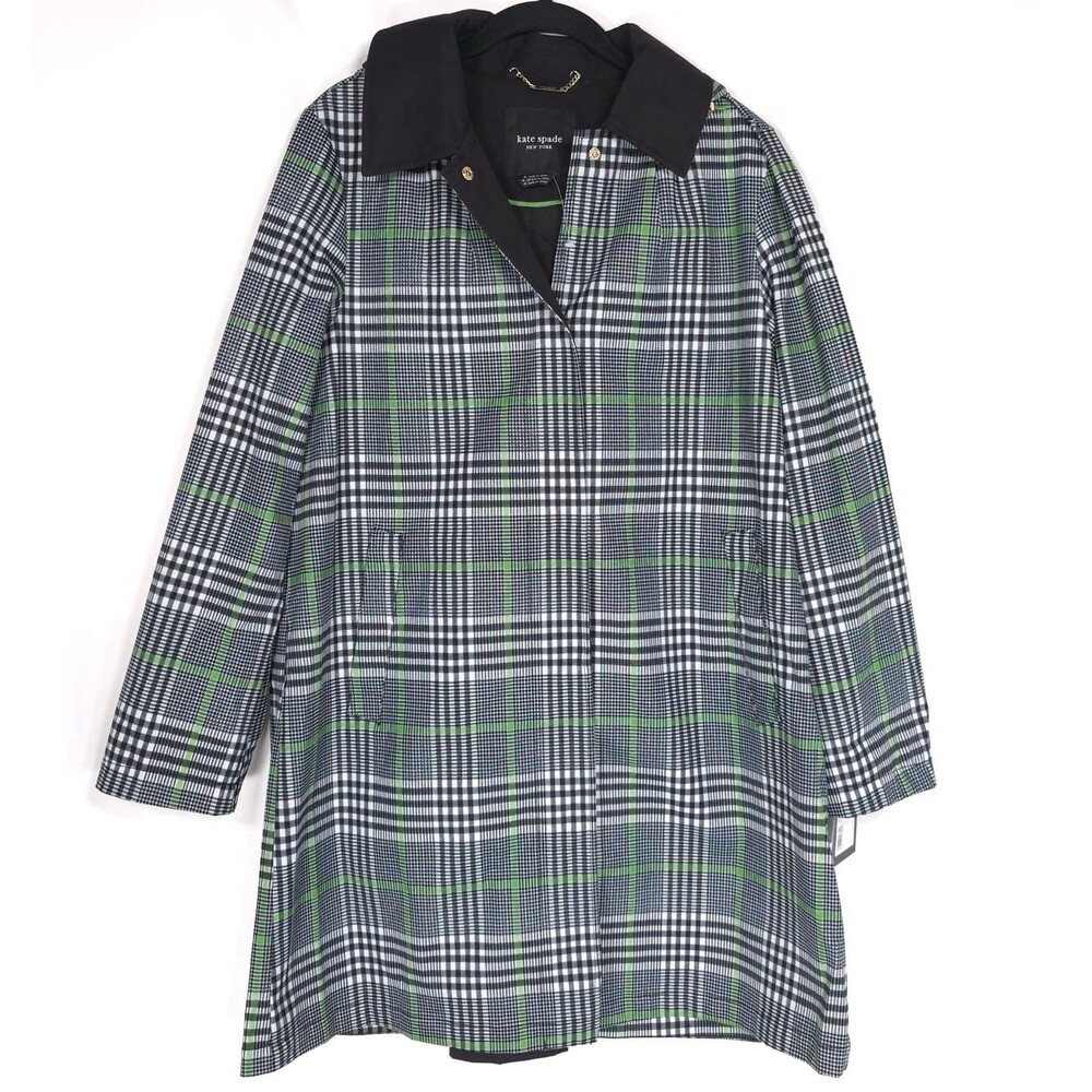KATE SPADE New Pop Glen Plaid Point Collar Rain Coat Jacket M Removable Hood